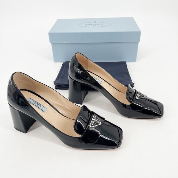 Prada Black Patent Vernice Metal Triangle Logo Block Heel Loafer Pumps IT 38 - Picture 1 of 14